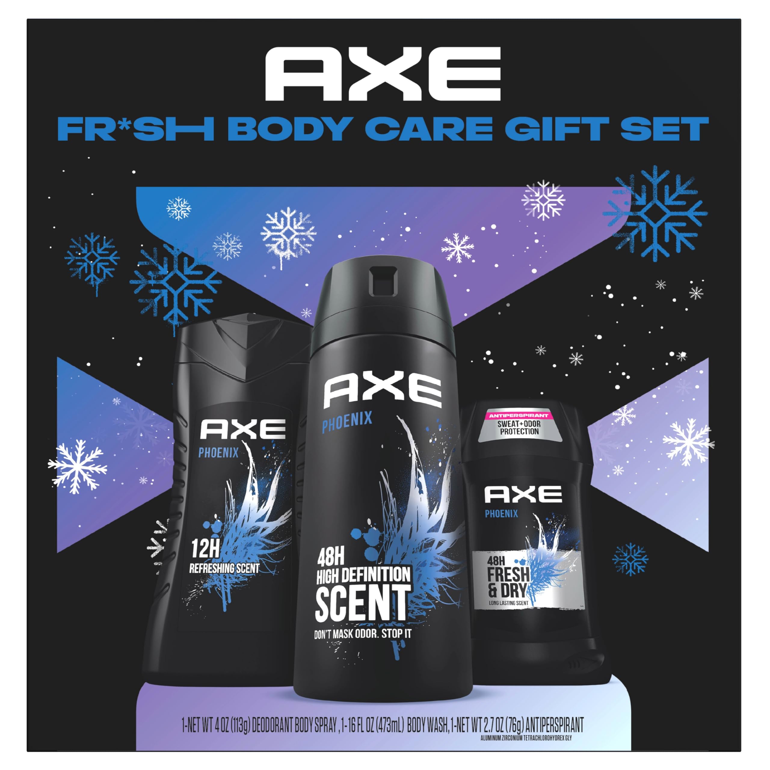AXE Phoenix Fresh Gift Set body wash focuses on mint rosemary aroma and skin hydration.
