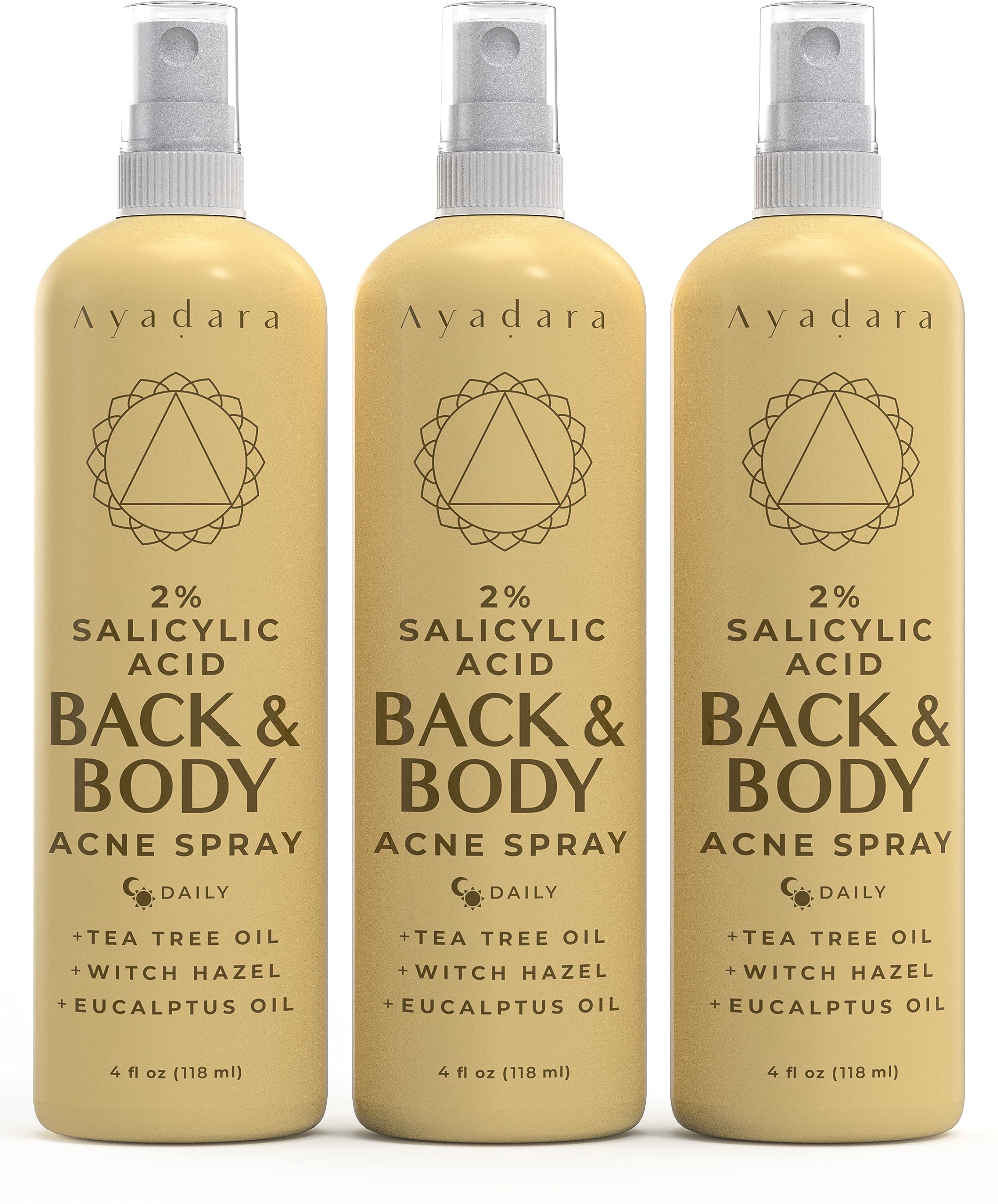 AYADARA Acne Body Spray 3-pack box highlights convenient back and body acne support.