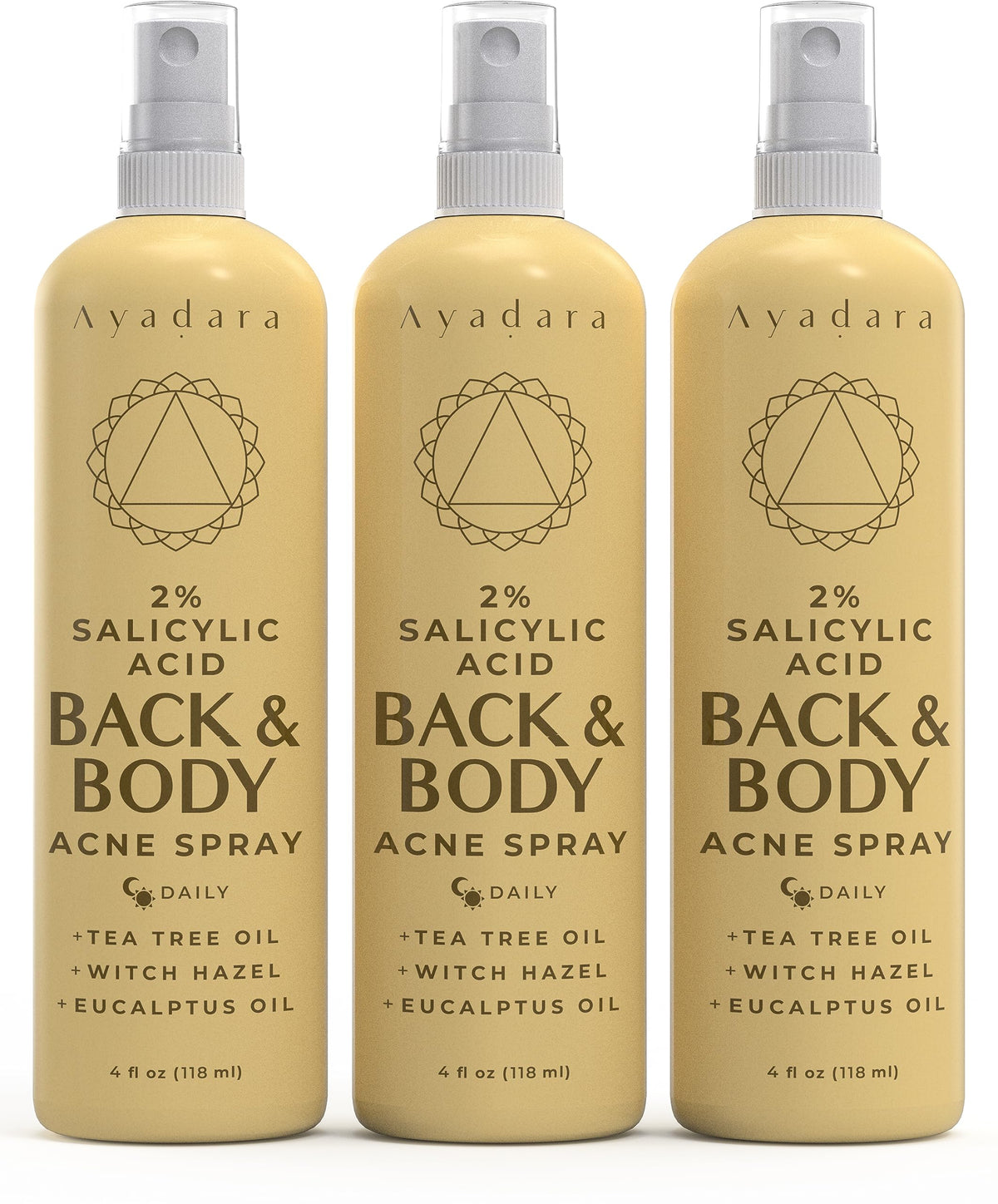 AYADARA Acne Body Spray 3-pack box highlights convenient back and body acne support.