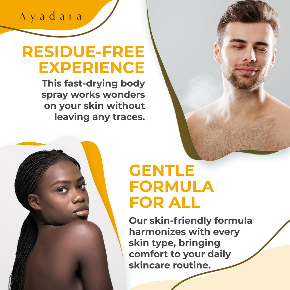 AYADARA Acne Body Spray mist on skin demonstrates even coverage and fast-drying action.
