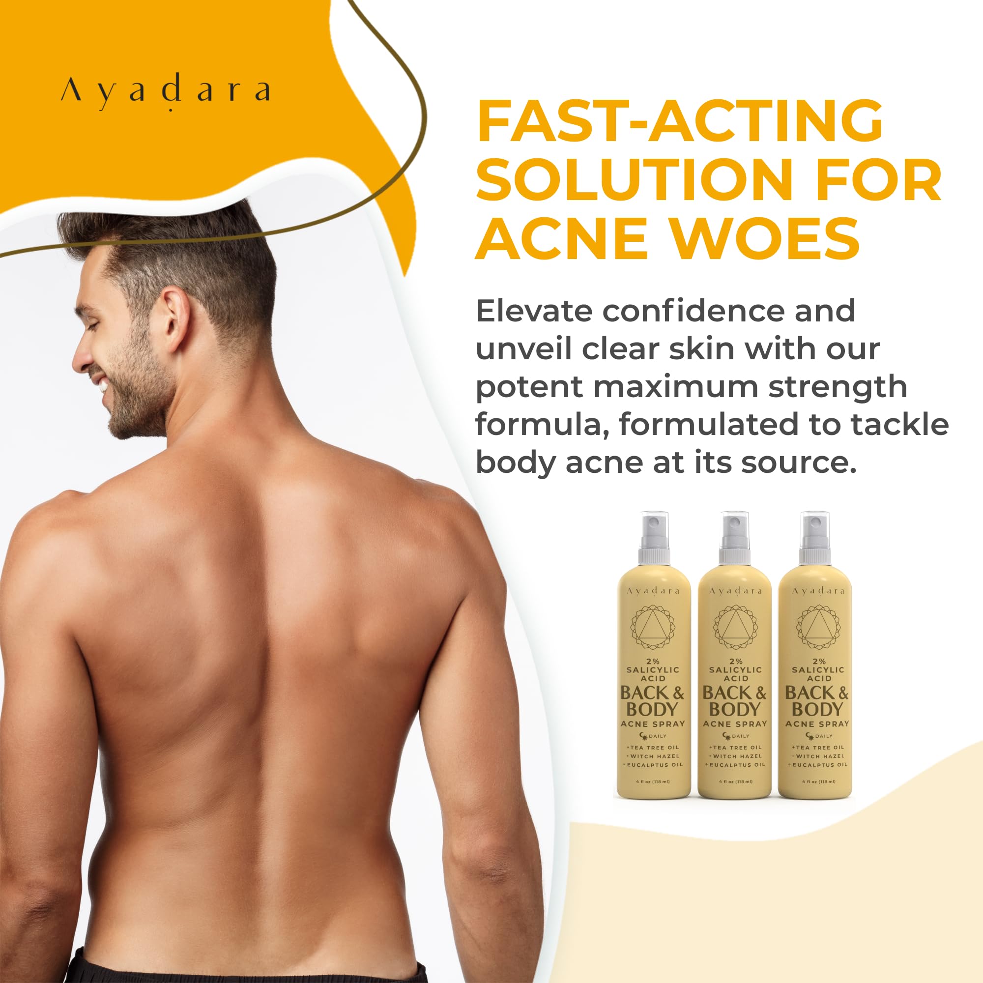AYADARA Acne Body Spray packaging 3pack showcases portable on-the-go acne care.