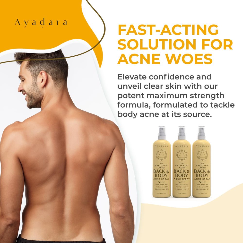 AYADARA Acne Body Spray packaging 3pack showcases portable on-the-go acne care.