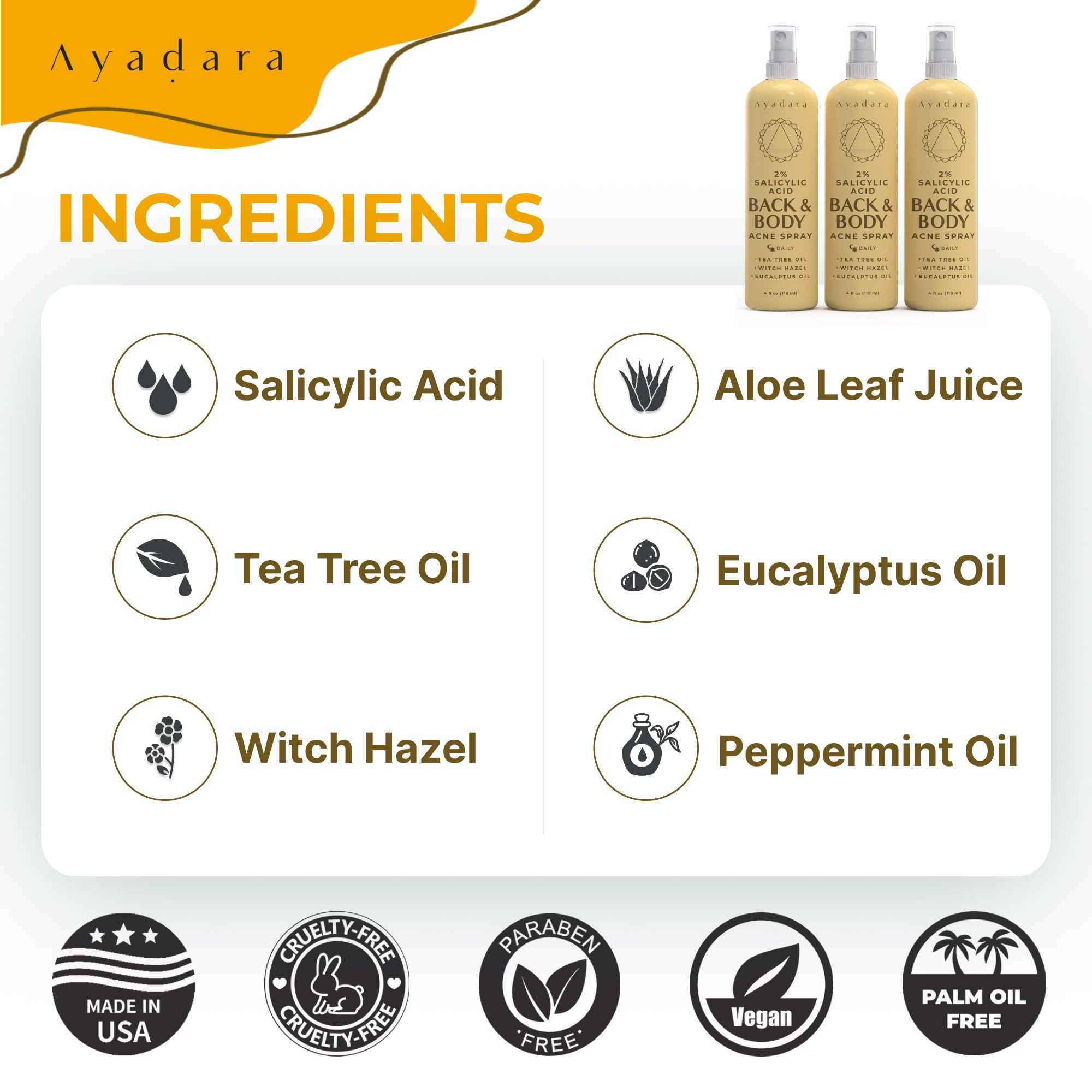 AYADARA Acne Body Spray tea tree oil ingredient underscores natural fragrance and soothing notes.