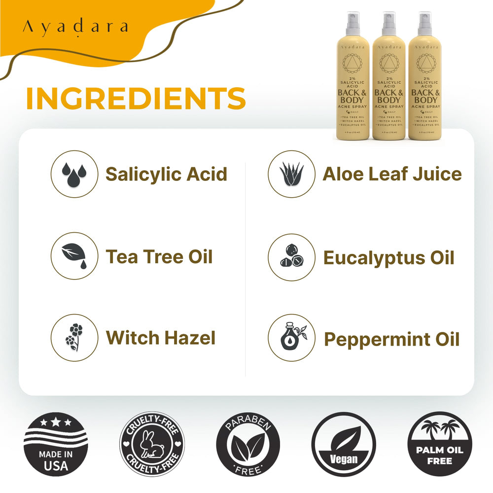 AYADARA Acne Body Spray tea tree oil ingredient underscores natural fragrance and soothing notes.