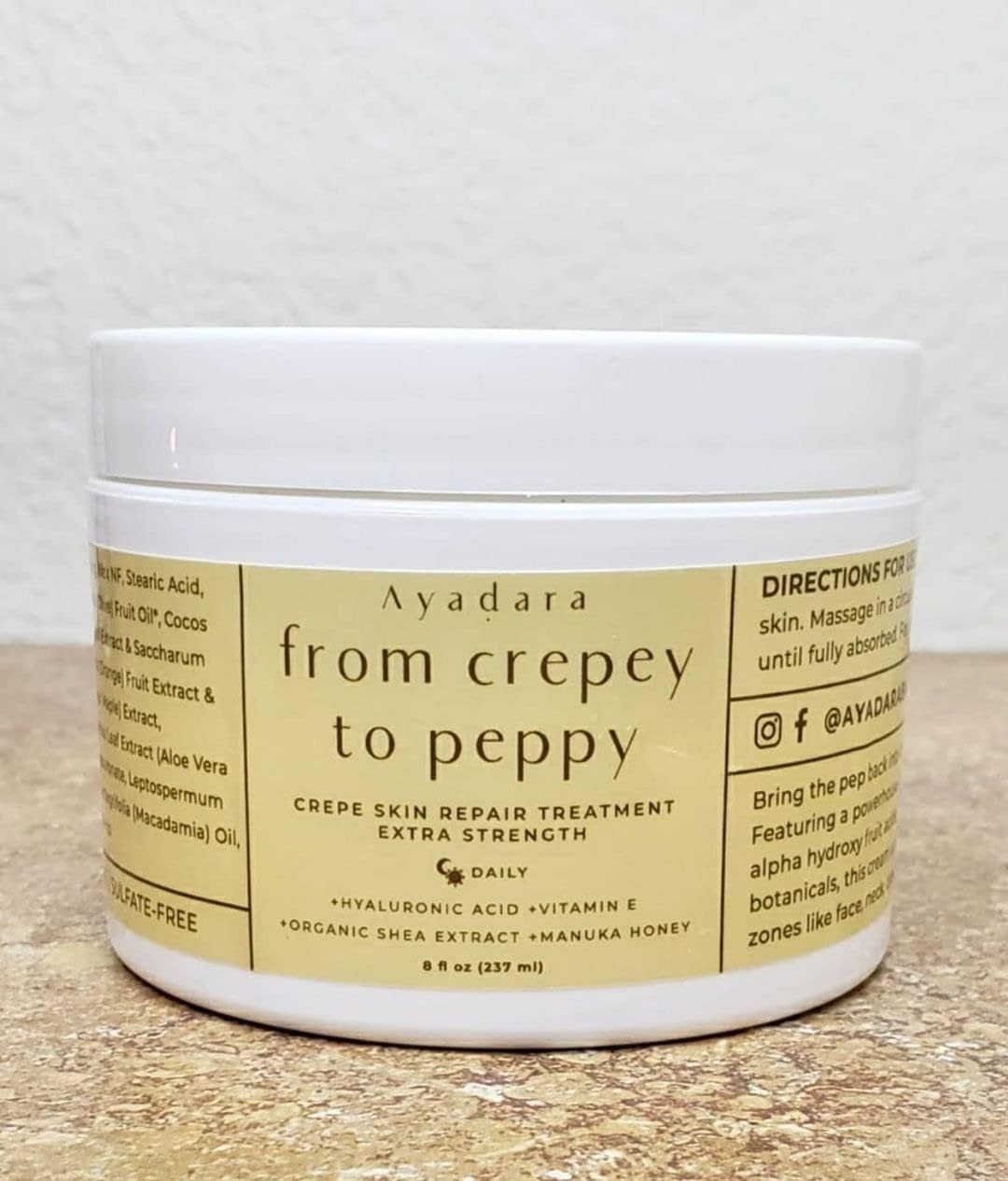 AYADARA Crepey Skin Repair Cream packaging on display for firming.