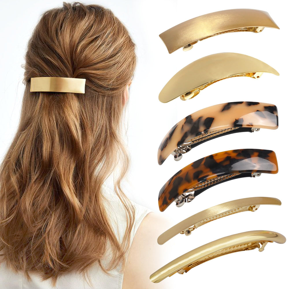Ayesha 6pcs flat metal hair clips in tortoise gold for secure everyday hold.