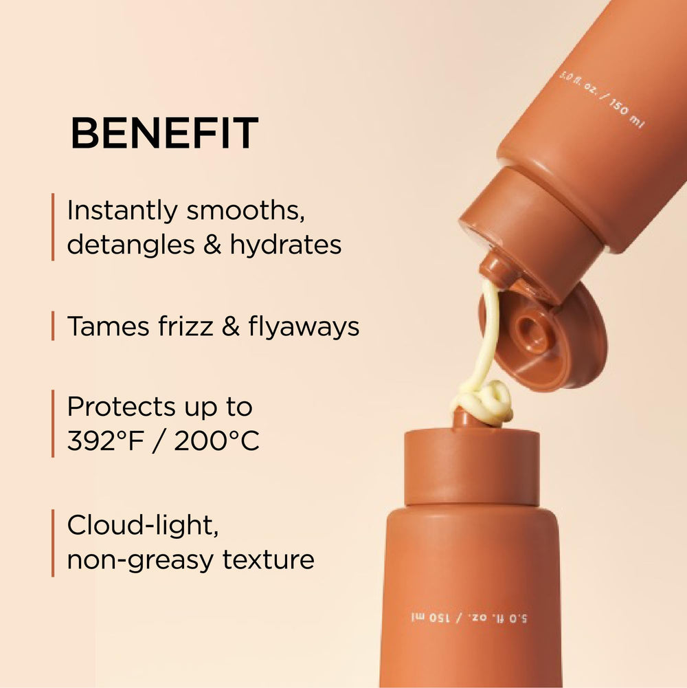 AYUNCHE Enrich Bonding Leave-In during blow-dry close-up illustrates heat protection during styling.