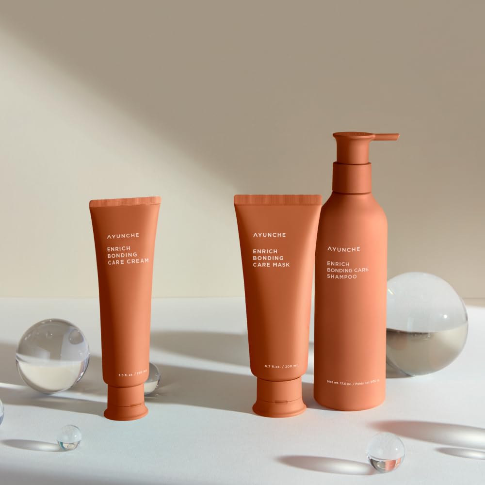 AYUNCHE Enrich Bonding Shampoo heat-stress-defense scene implies daily protection against styling fatigue.