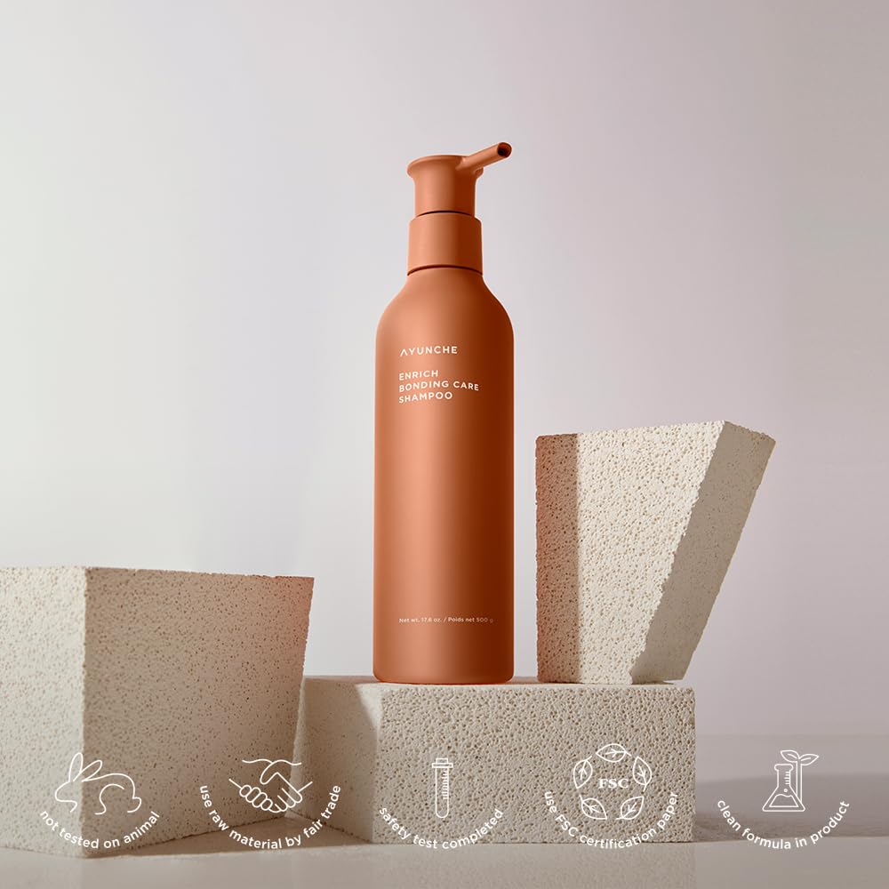 AYUNCHE Enrich Bonding Shampoo packaging-on-vanity shot reinforces premium Korean salon branding.
