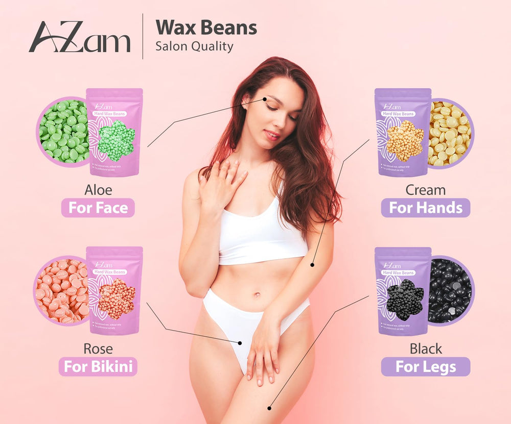 AZam hard wax beads close-up highlights premium formula for comfortable hair removal.