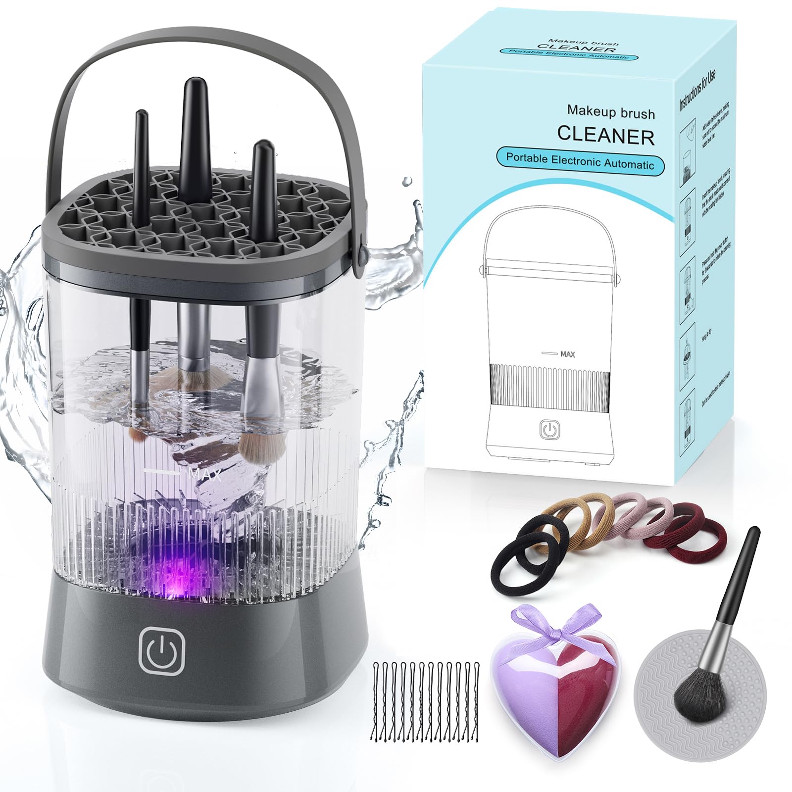 Azang electric makeup brush cleaner in action at 9000 RPM for deep cleaning on brushes and sponges.