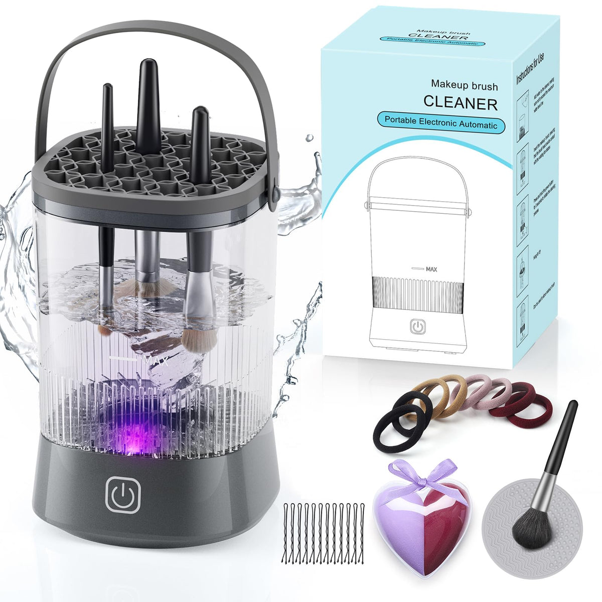 Azang electric makeup brush cleaner in action at 9000 RPM for deep cleaning on brushes and sponges.