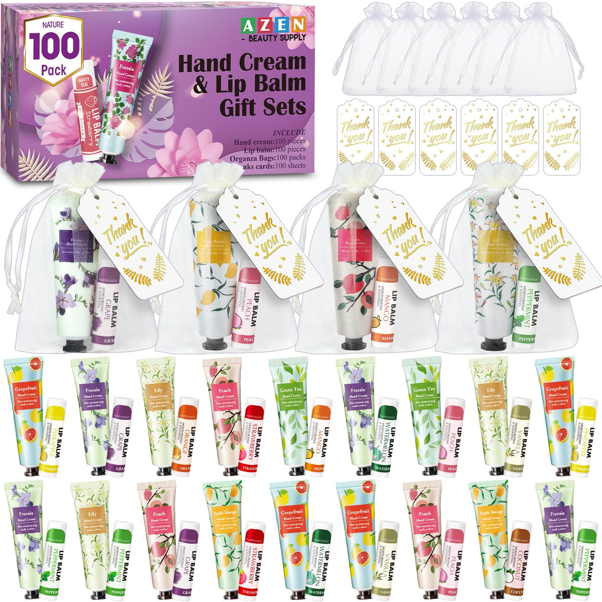 AZEN 100-set bulk gifts with hand creams and lip balms organized for wedding favors