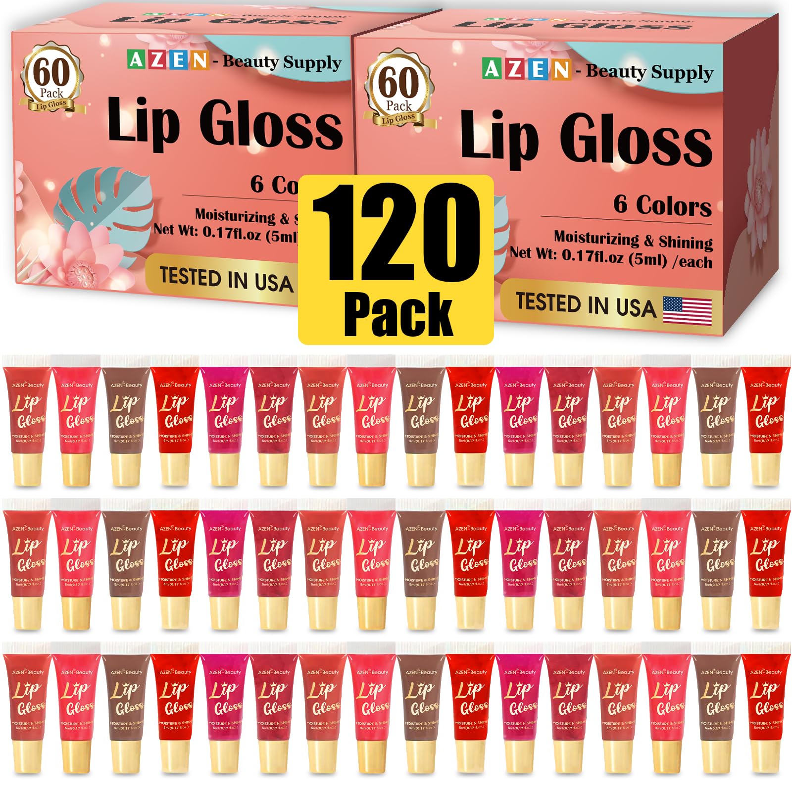 AZEN 120-pack lip gloss set open pack with vibrant shades for daily color and shine.