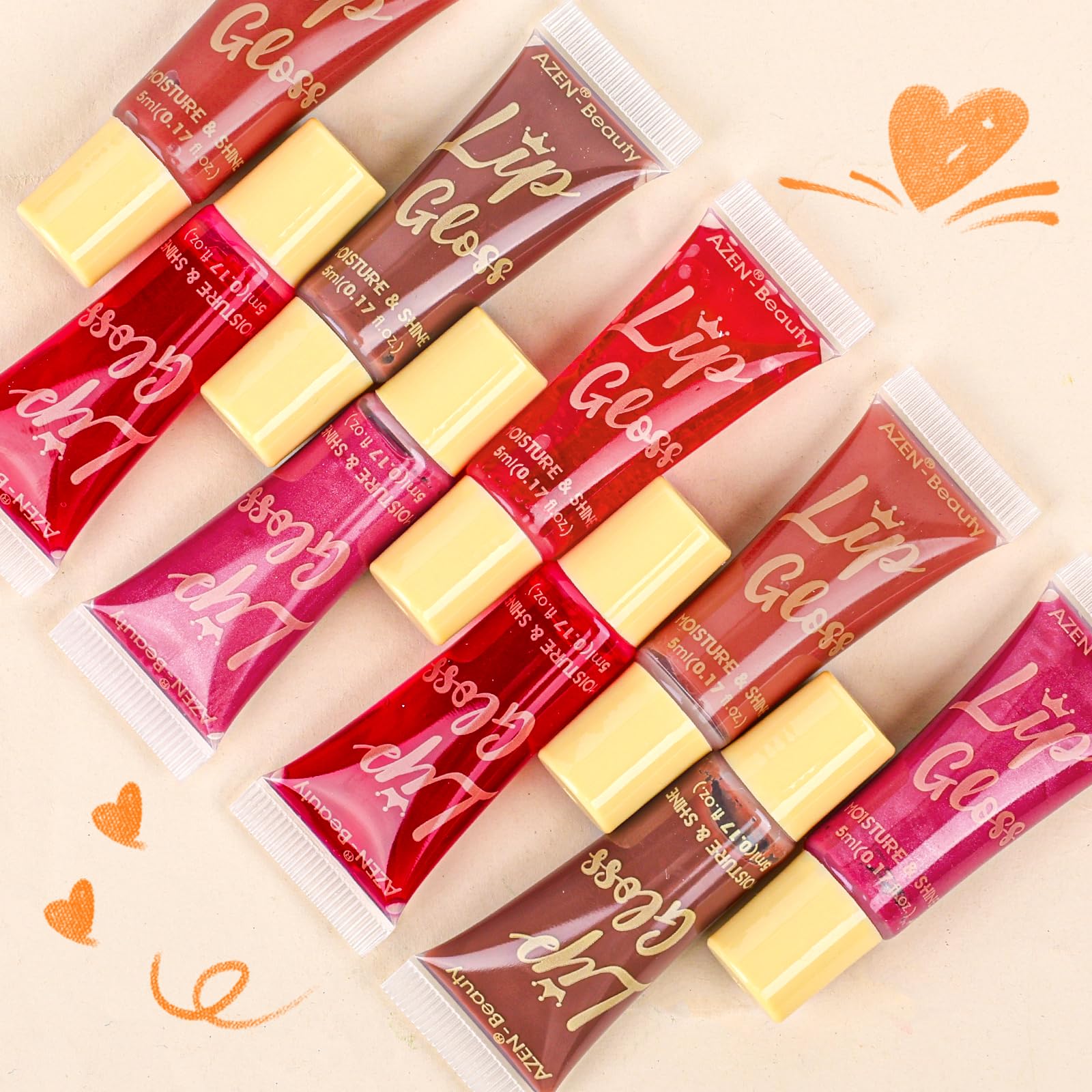 AZEN lip gloss swatches show varied hues for versatile looks and high-shine finish.