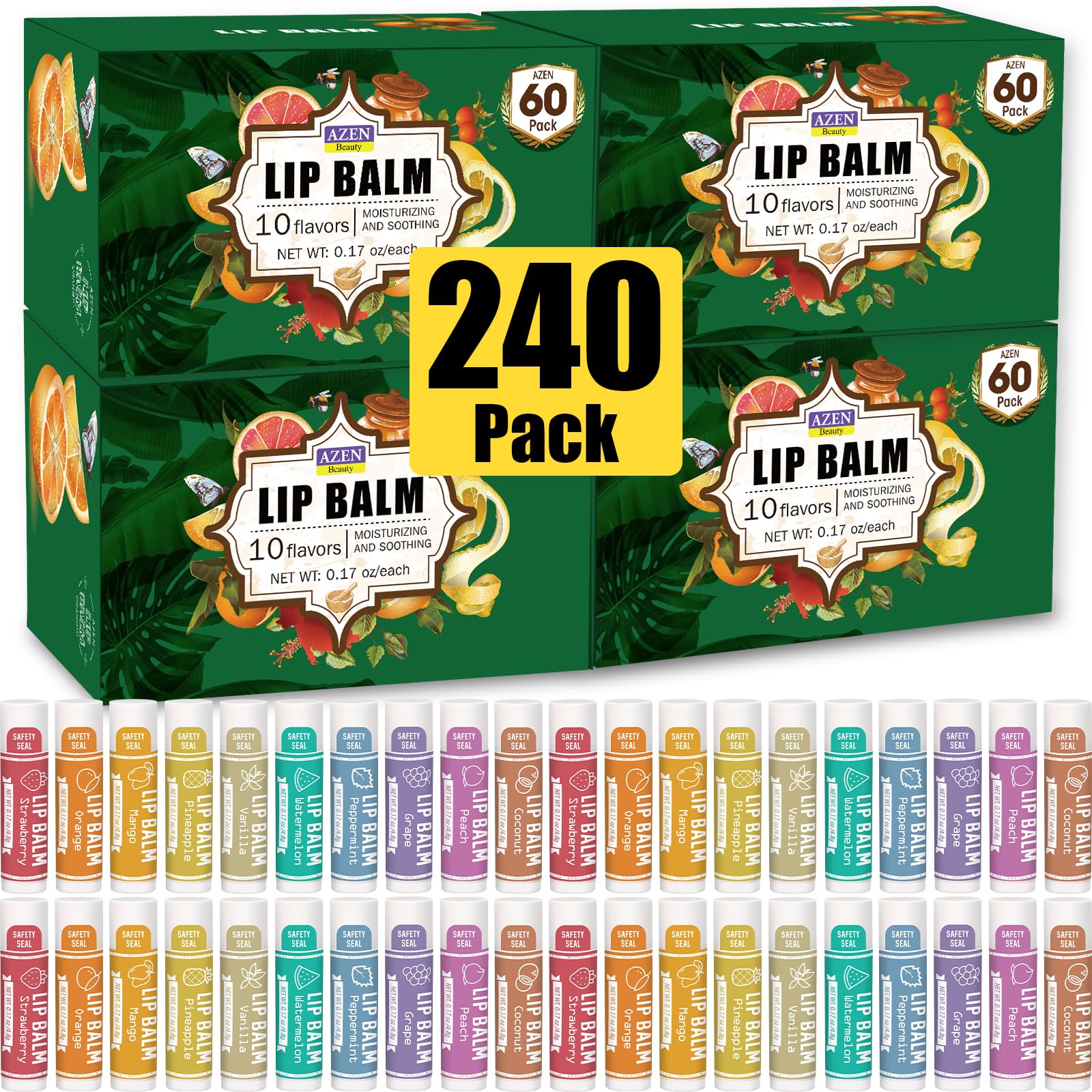 AZEN lip balm flavors display offers daily moisturization with 10 tasty options.