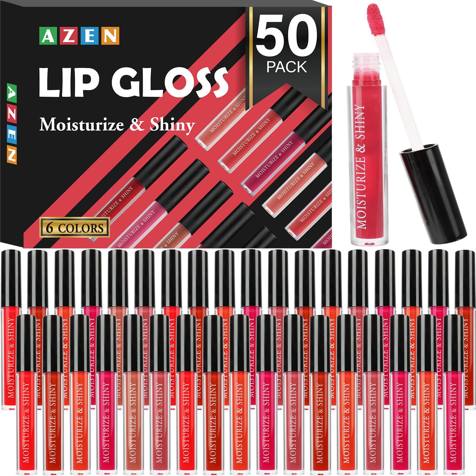 AZEN 50-pack lip gloss bulk set packaged for retail display and easy shopping