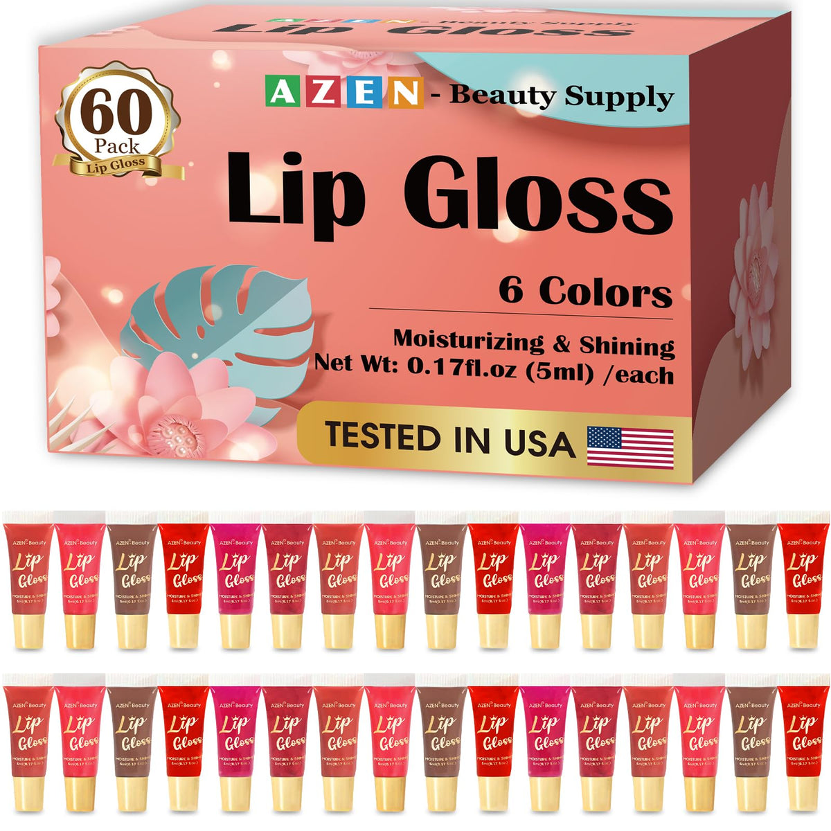 AZEN 60-pack lip gloss set packaging showcases a gift-ready kit for colorful lips.
