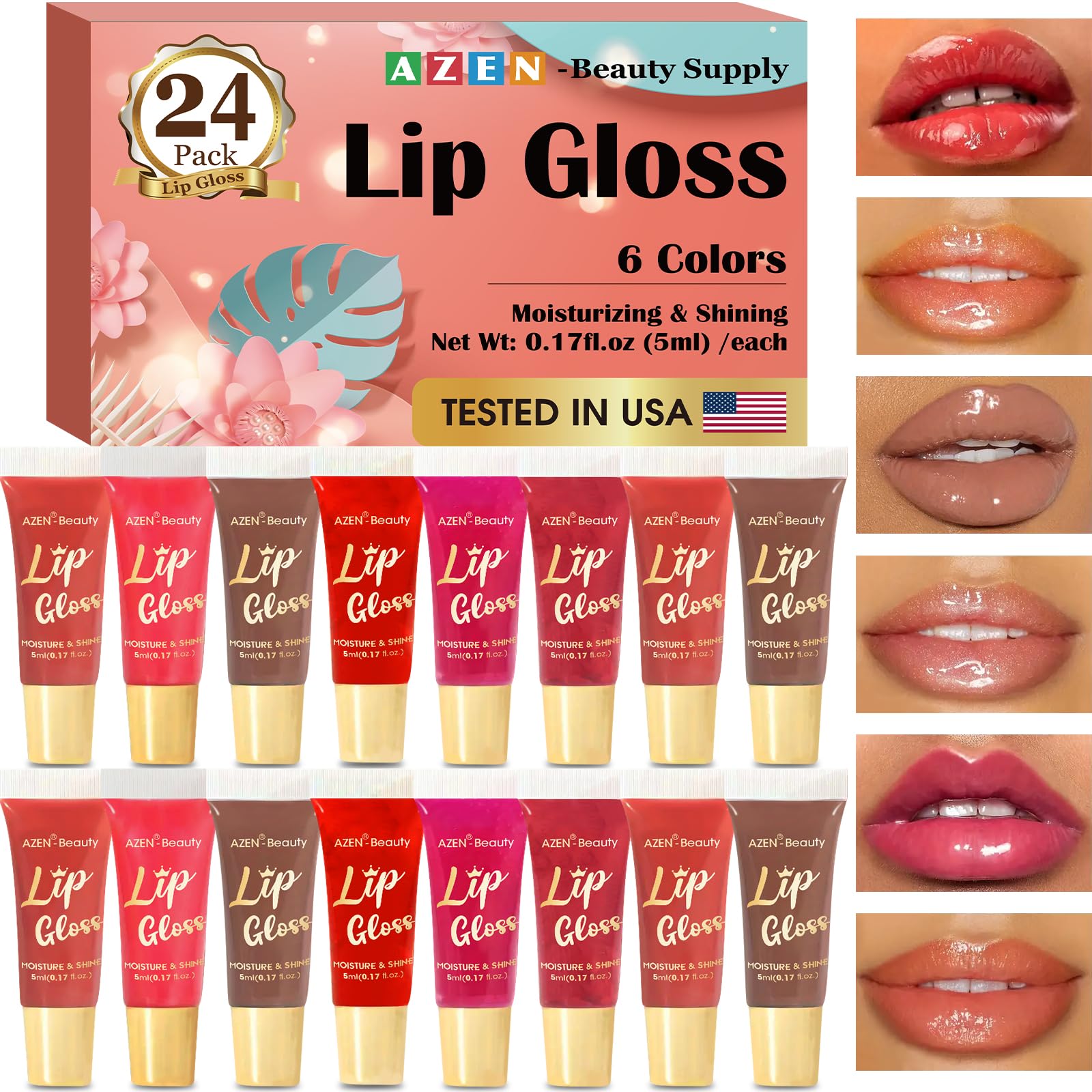 AZEN brillo labial 24 pack: hidratación suave para labios sedosos.