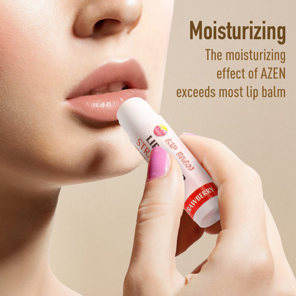 AZEN lip balm 12-flavors assortment closeup highlighting natural ingredients and flavor variety