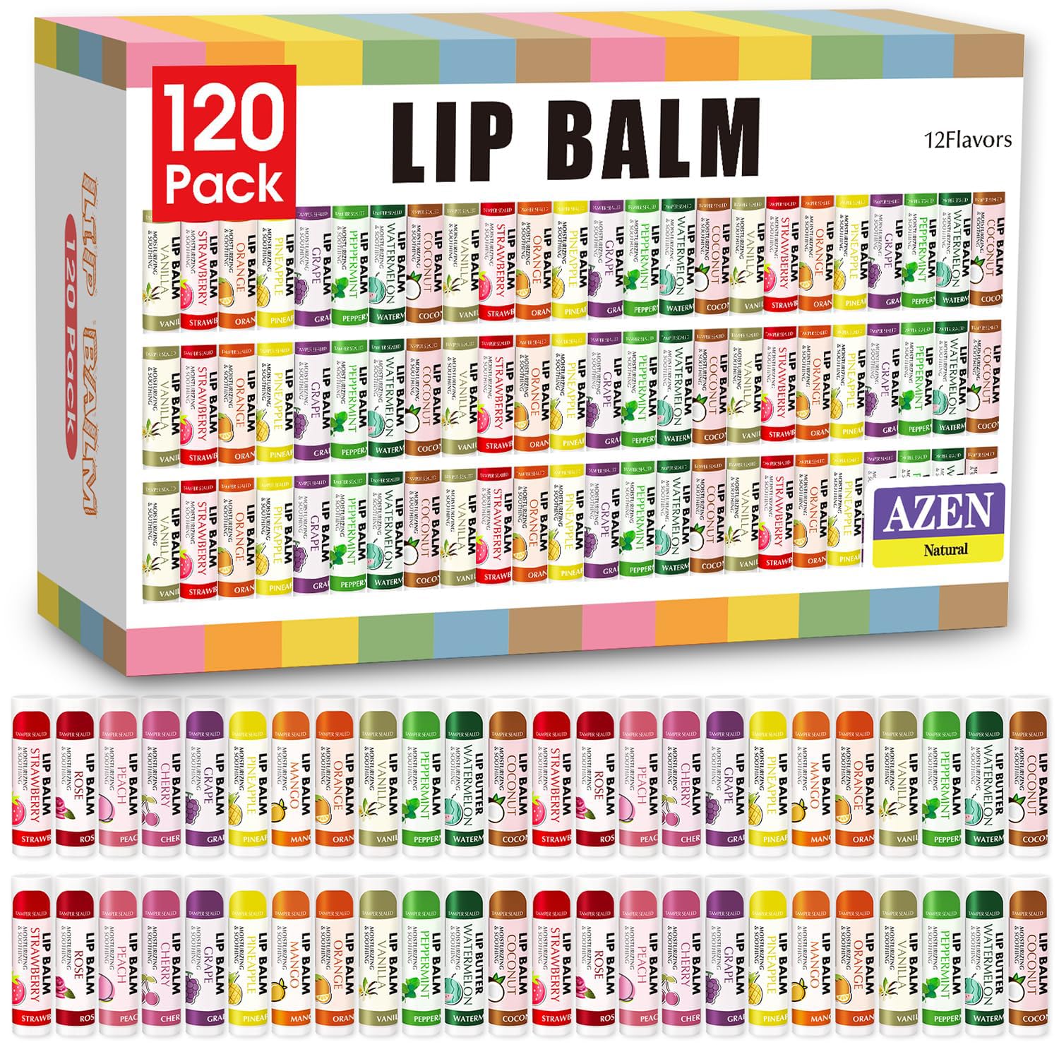 AZEN lip balm 120-pack bulk display showing assorted flavors for daily moisture