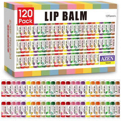 AZEN lip balm 120-pack bulk display showing assorted flavors for daily moisture