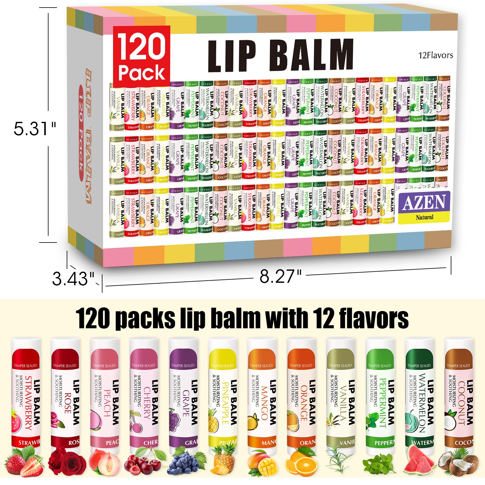 AZEN lip balm flavor closeup shows strawberry, mango, coconut varieties