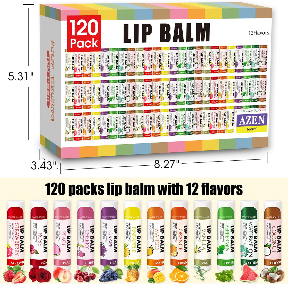AZEN lip balm flavor closeup shows strawberry, mango, coconut varieties