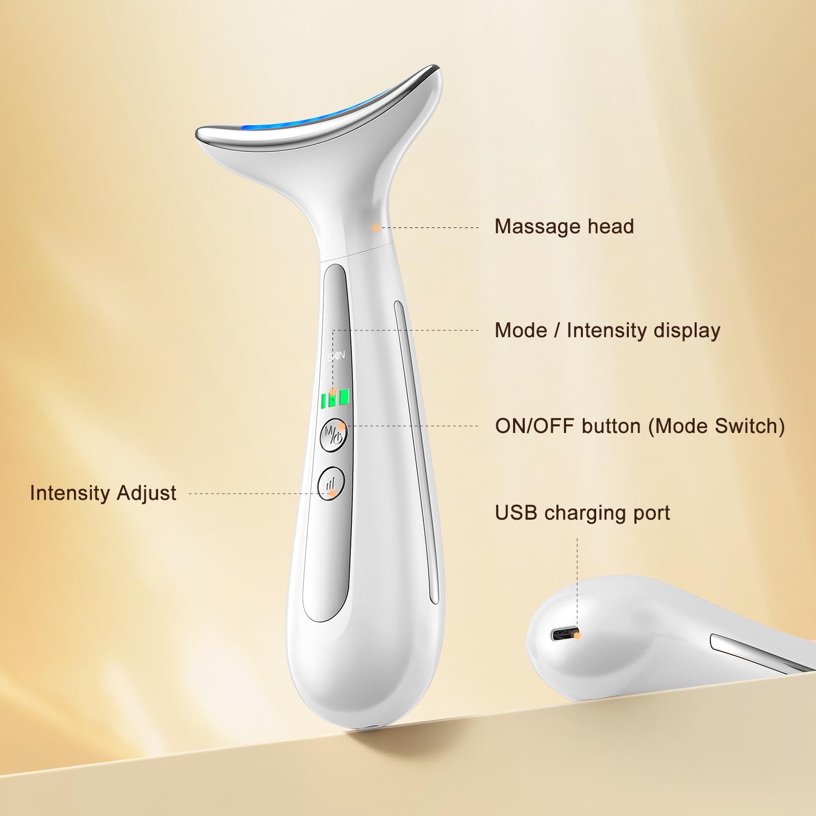 AZMAVO arc massage head gliding along face and neck contours.