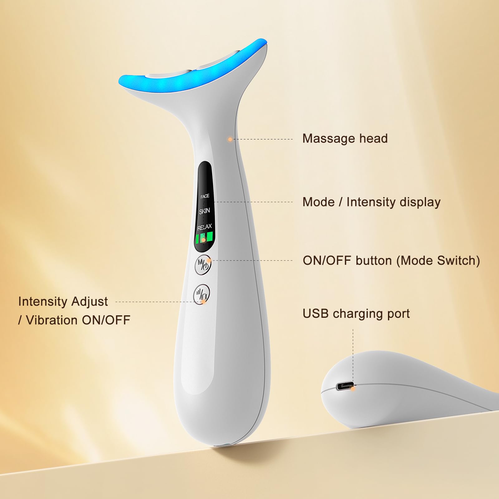 AZMAVO facial-neck massager arc-head in action guiding cheek contours