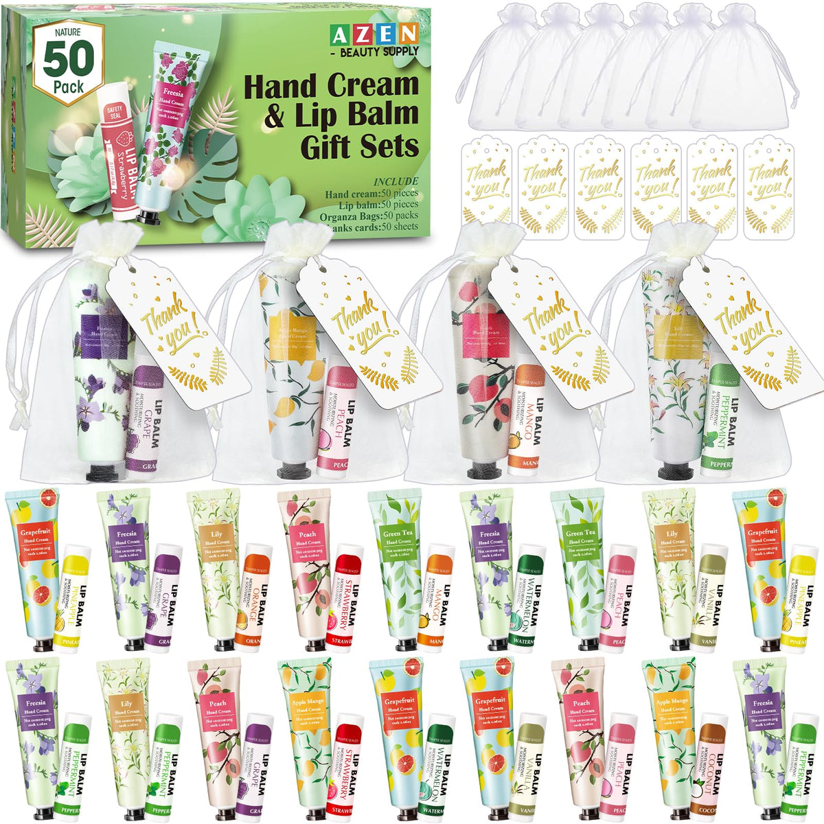 AZEN 50-set bundle shows hand creams and lip balms with organza bags for wedding favors.