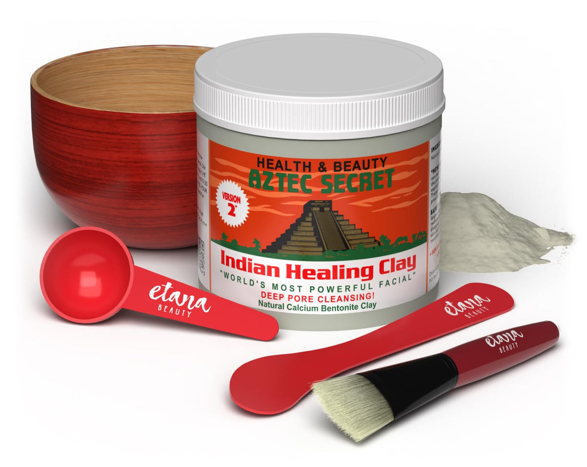 Aztec Secret Essential Indian Clay Mask Kit packaging shows eco-friendly detox setup.
