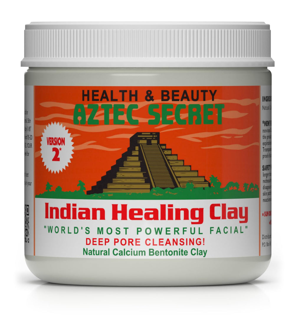 Aztec Secret Indian Healing Clay jar closeup shows pure natural clay for deep cleansing.