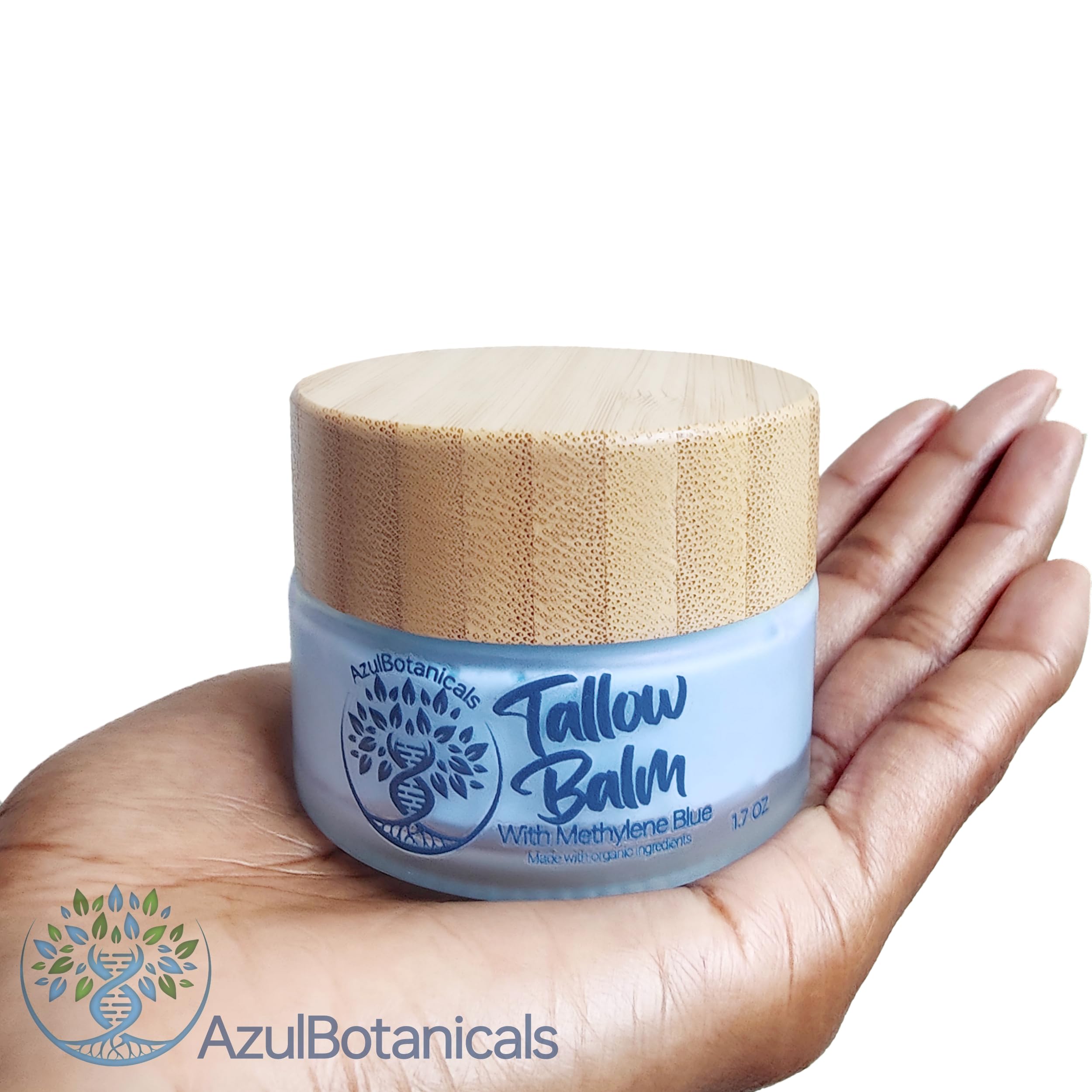AzulBotanicals Methylene Blue Infused Tallow Balm packaging highlights small-batch, fragrance-free organic skincare