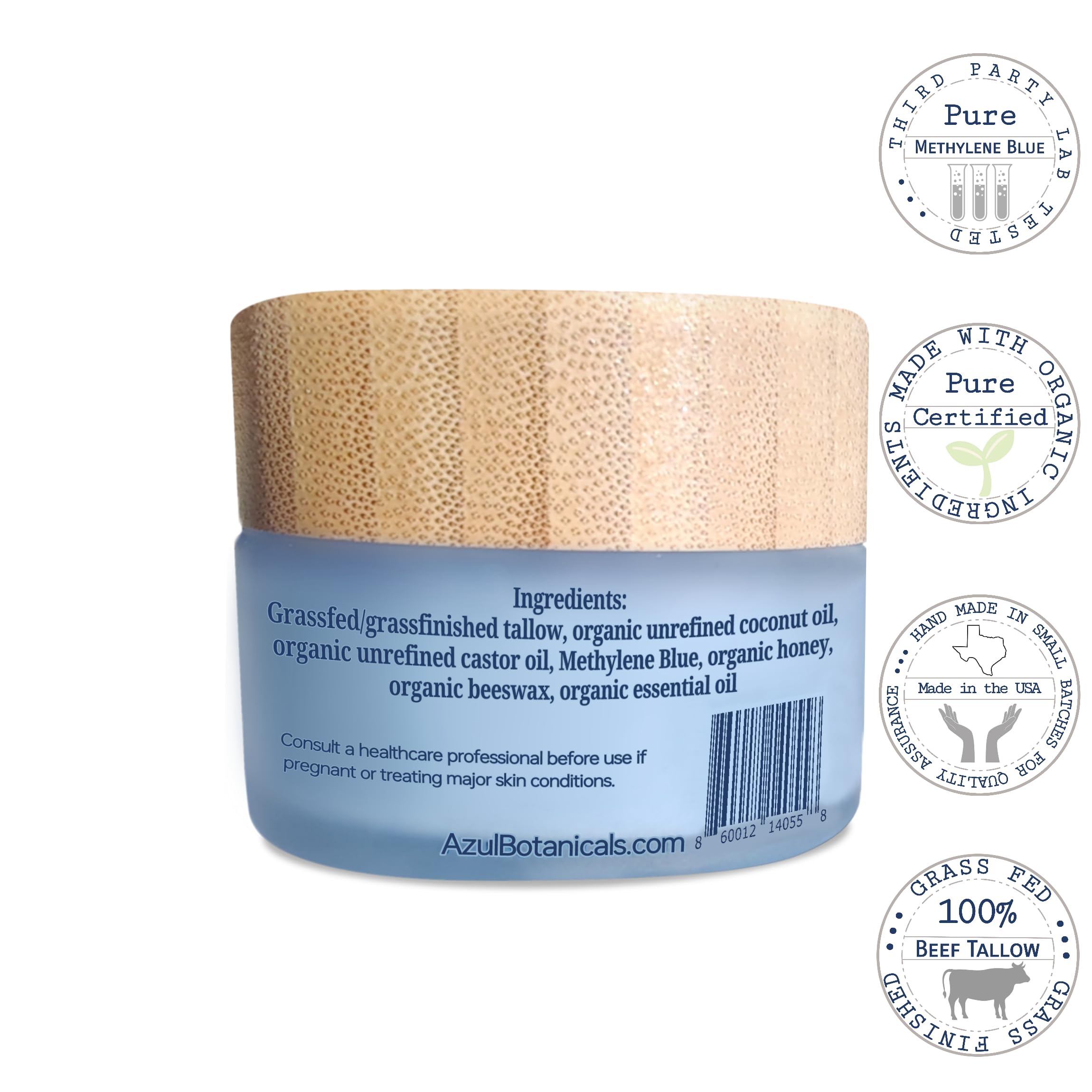 AzulBotanicals Methylene Blue Infused Tallow Balm applied on hand illustrates rich texture for everyday moisturizing