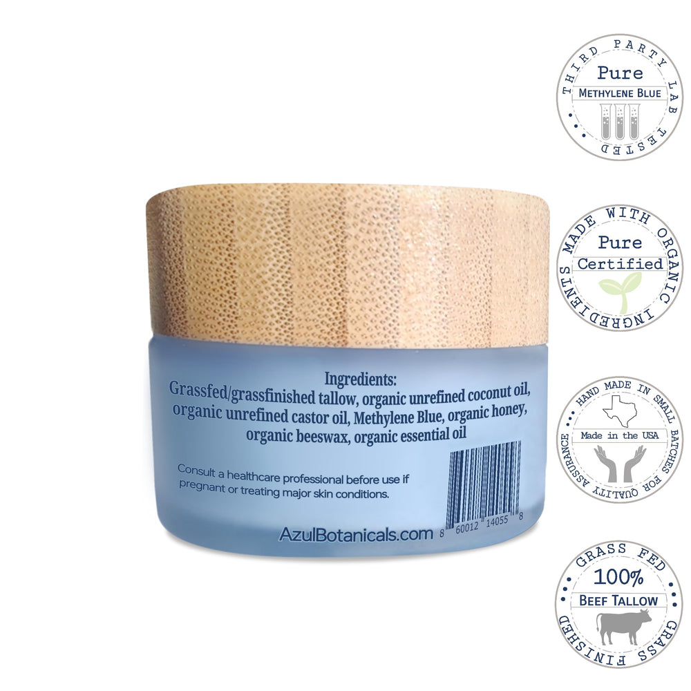 AzulBotanicals Methylene Blue Infused Tallow Balm applied on hand illustrates rich texture for everyday moisturizing