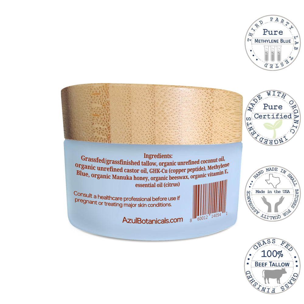 AzulBotanicals tallow balm texture and application demonstrating non-greasy finish for face and body