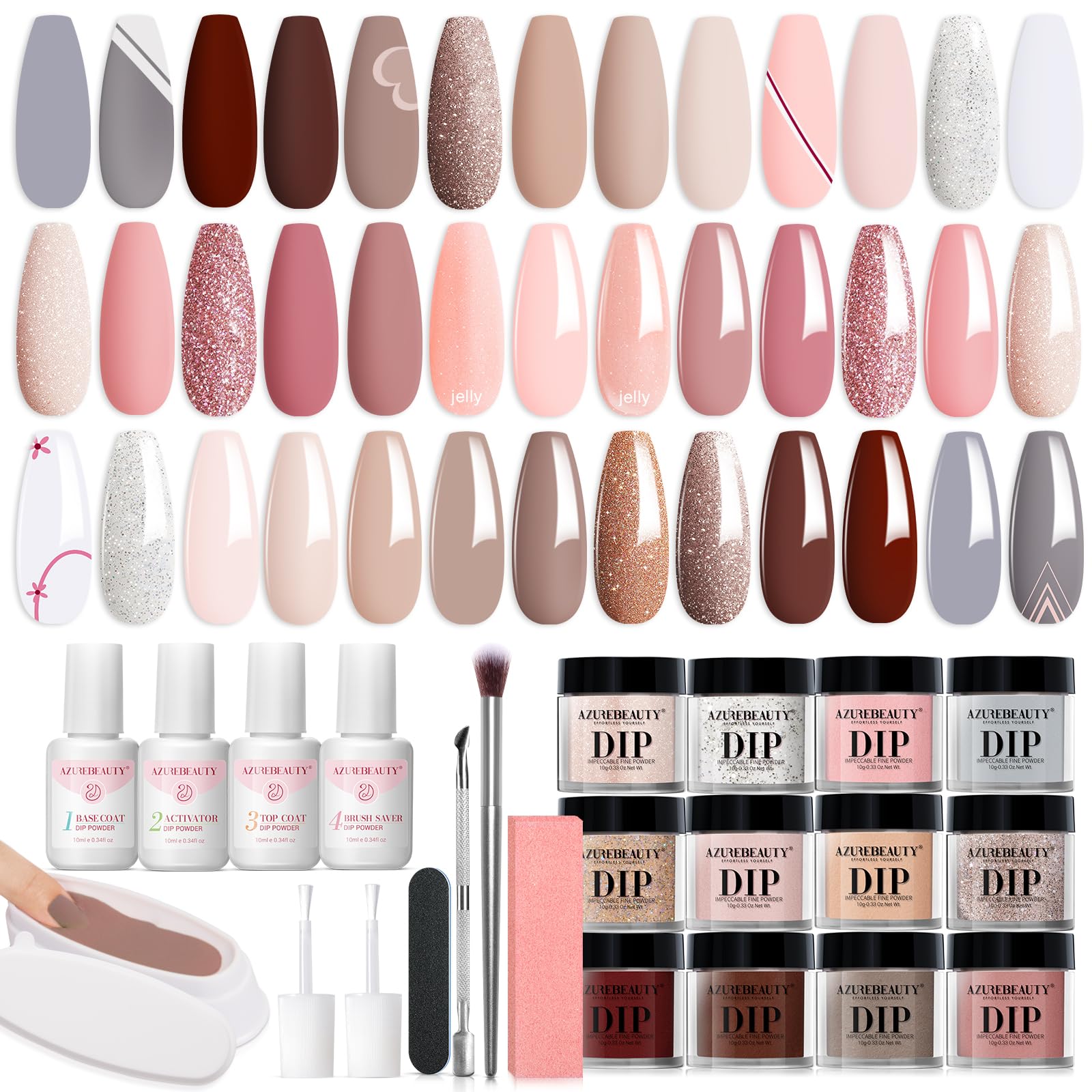 AZUREBEAUTY dip powder color swatches showcase pastel palettes for quick choosing and inspiration.