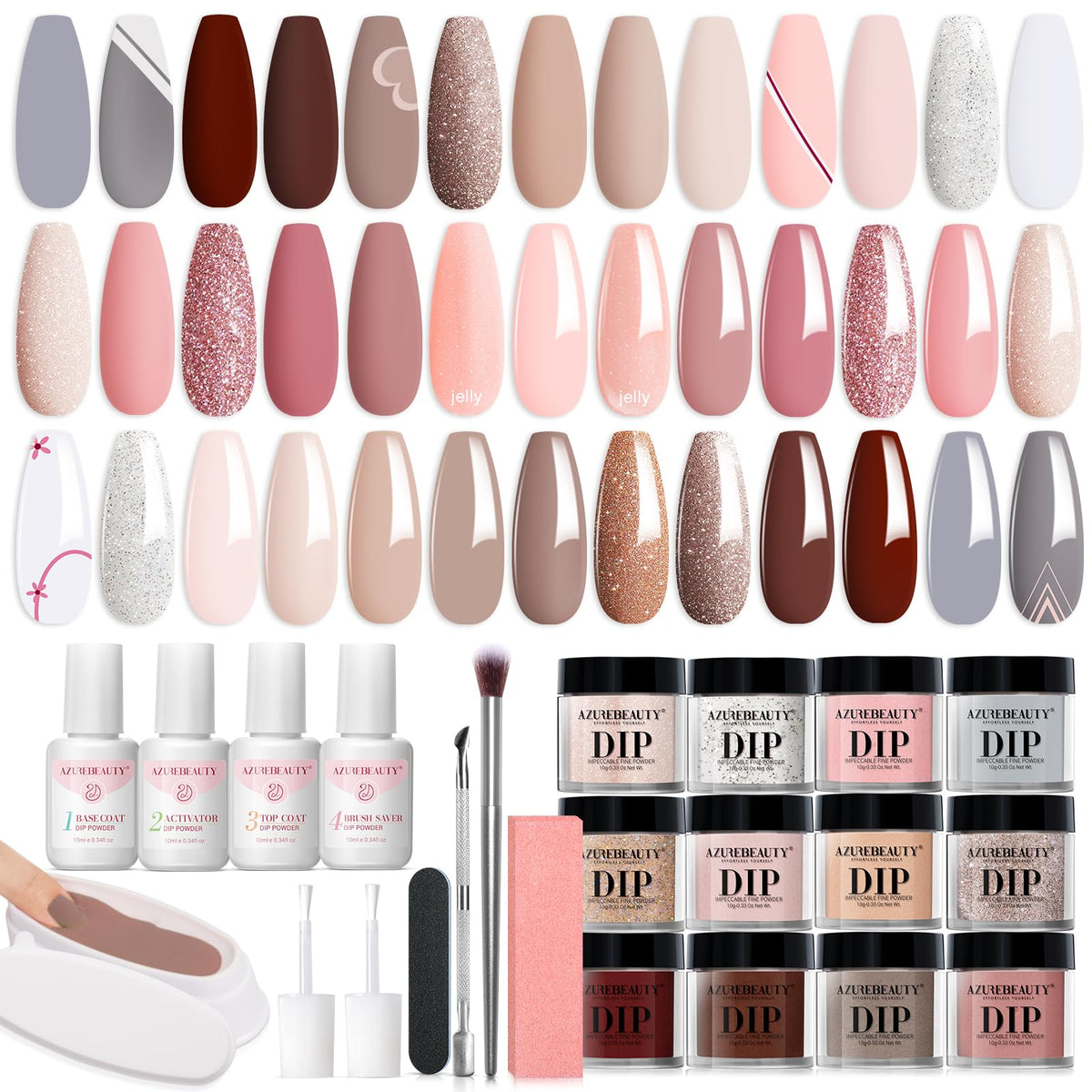 AZUREBEAUTY dip powder color swatches showcase pastel palettes for quick choosing and inspiration.