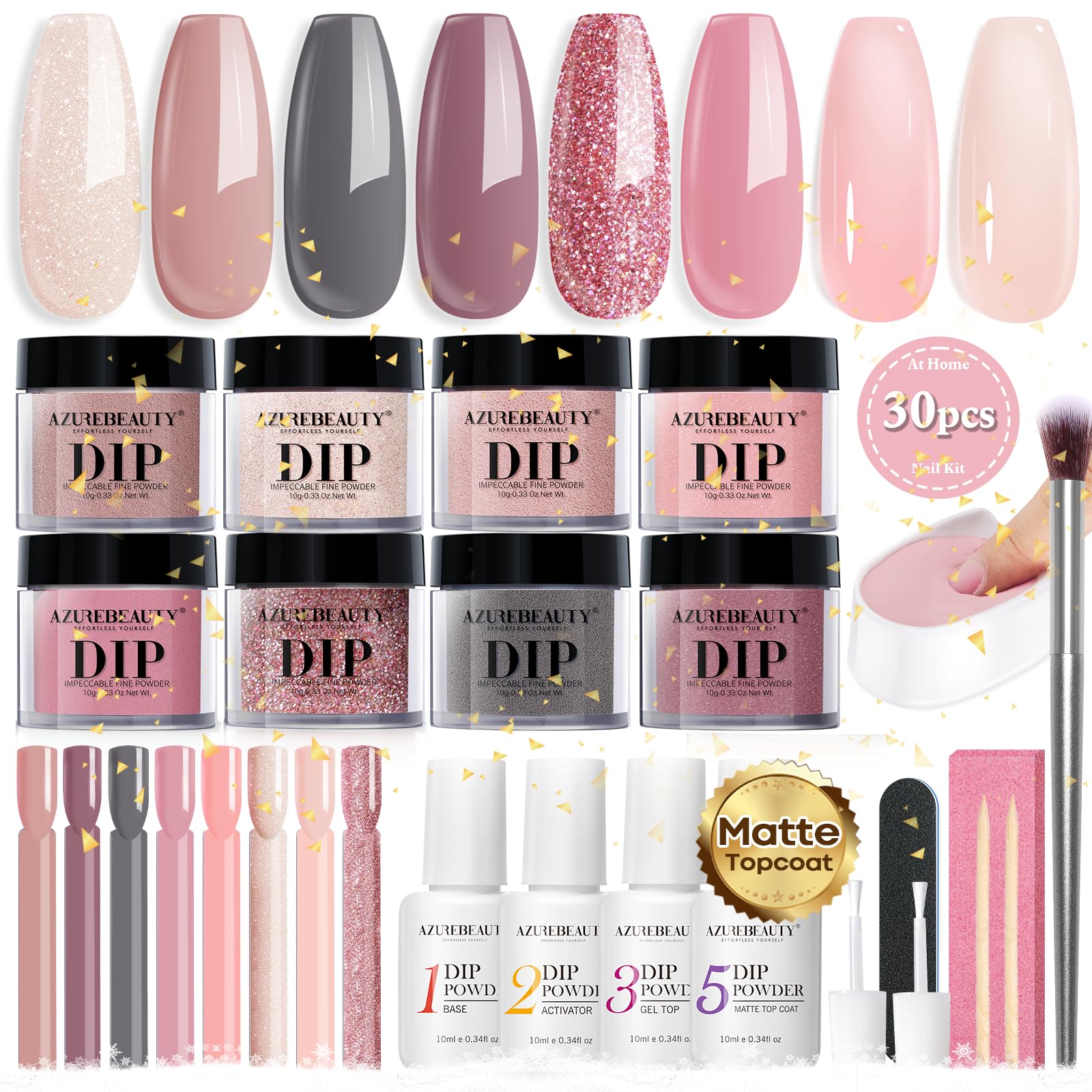 AzureBeauty 30Pcs Dip Powder Kit contents display the full starter set for DIY nails.