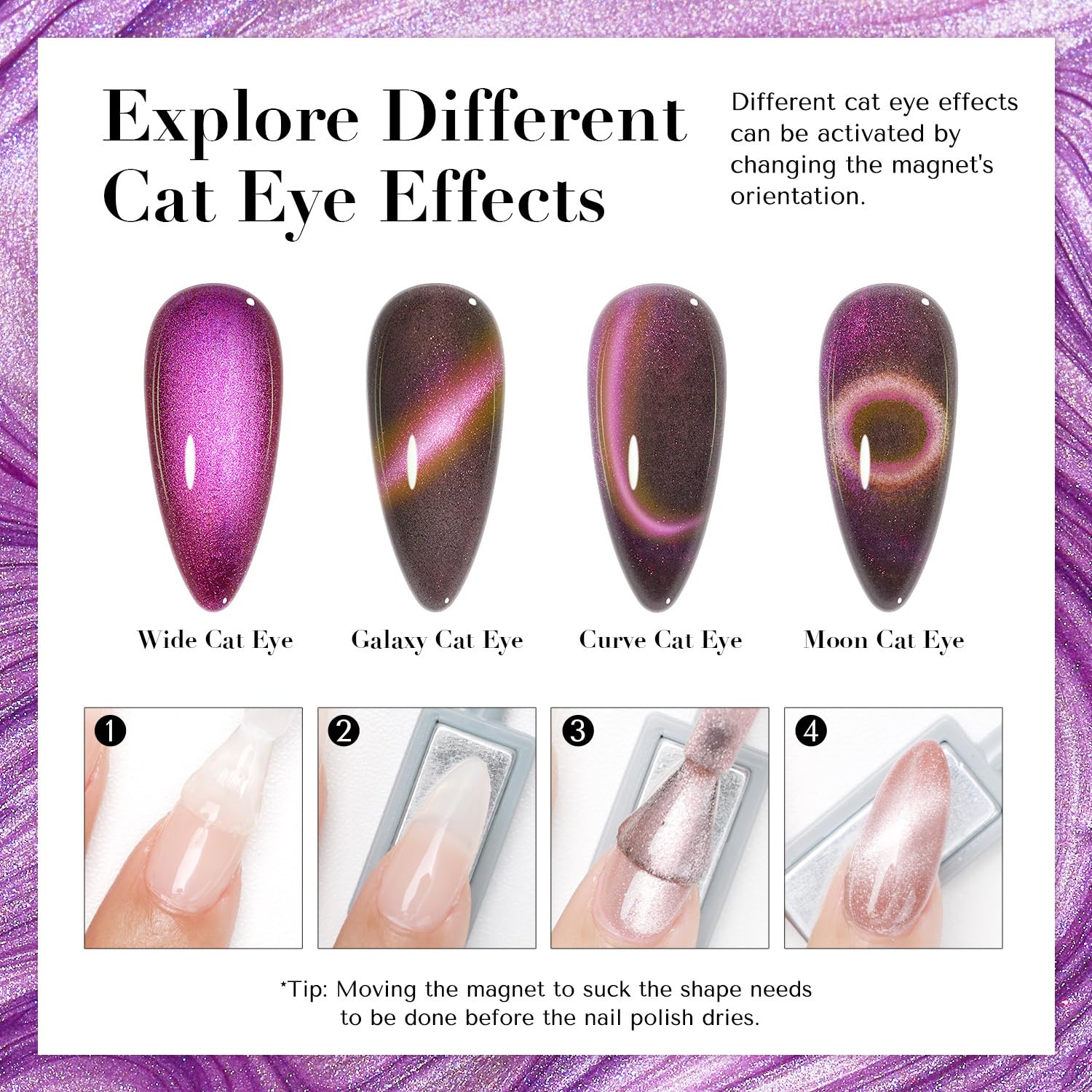 AZUREBEAUTY Cat Eye Nail Polish Set Mooncat purple sparkle swatch with holographic glow.