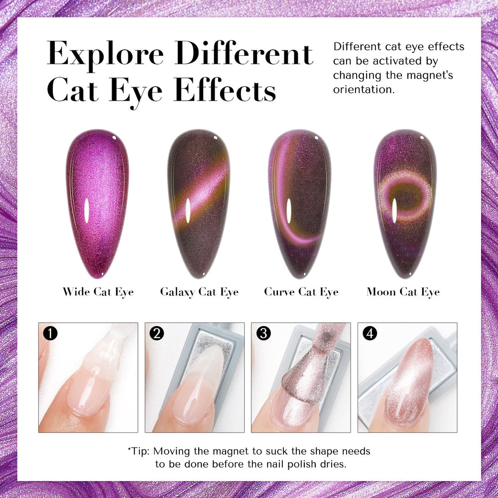 AZUREBEAUTY Cat Eye Nail Polish Set Mooncat purple sparkle swatch with holographic glow.