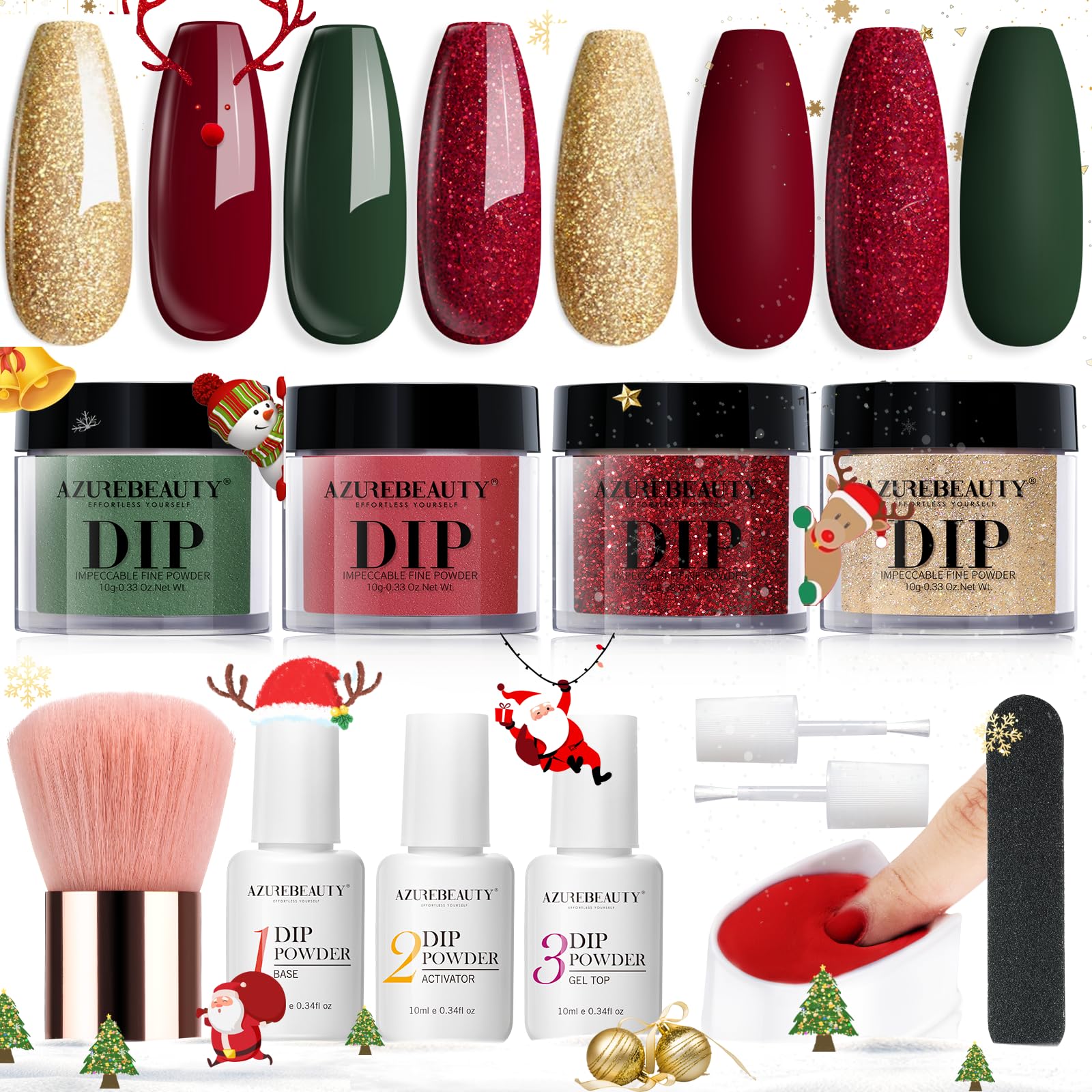 AZUREBEAUTY Christmas Dip Powder Kit package shows four colors for holiday nails.