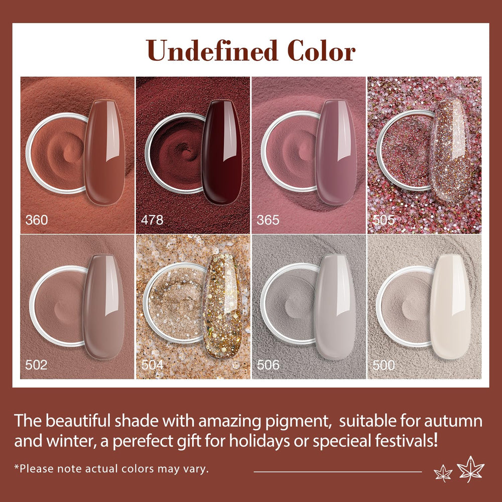 AZUREBEAUTY eight-color dip powders offer nude, brown, and glitter options for versatile seasonal styles.