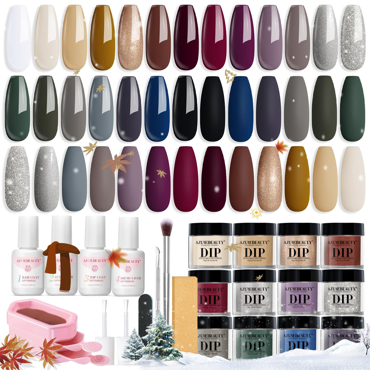 AZUREBEAUTY dip powder color swatches show rich autumn hues for chic fall nails.
