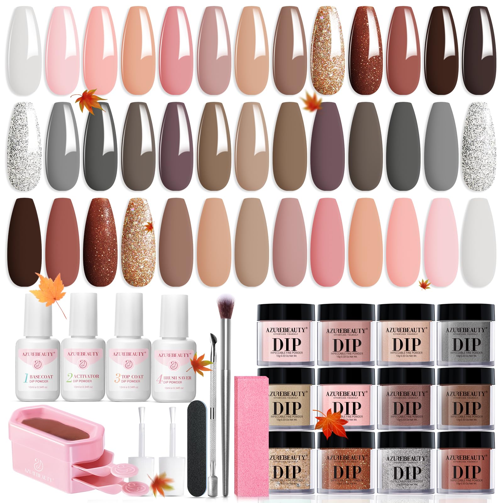 AZUREBEAUTY dip powder kit 20 neutral colors swatches showing versatile nude shades for daily wear