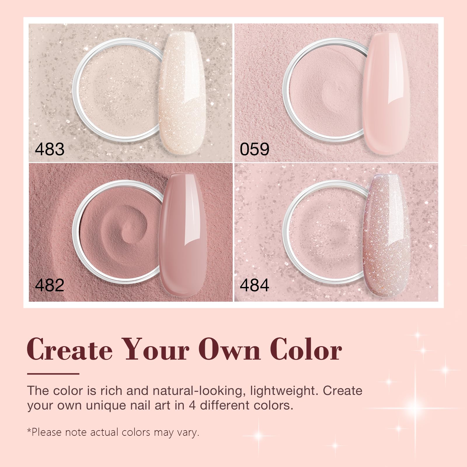 AZUREBEAUTY dip powder kit color swatches show Nude, Glitter, Brown shades.