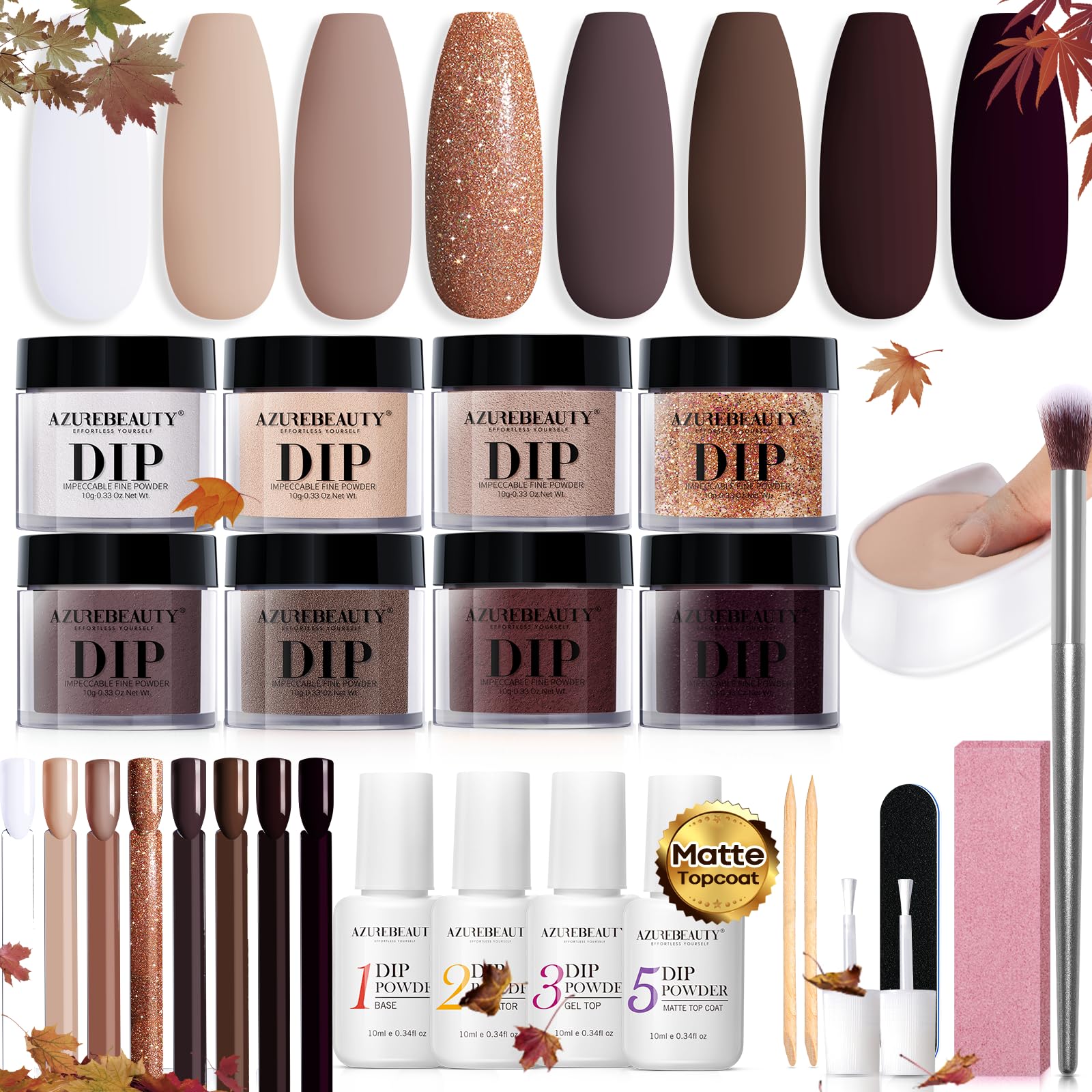 AZUREBEAUTY dip powder kit contents with colors and liquids for at-home manicure versatility