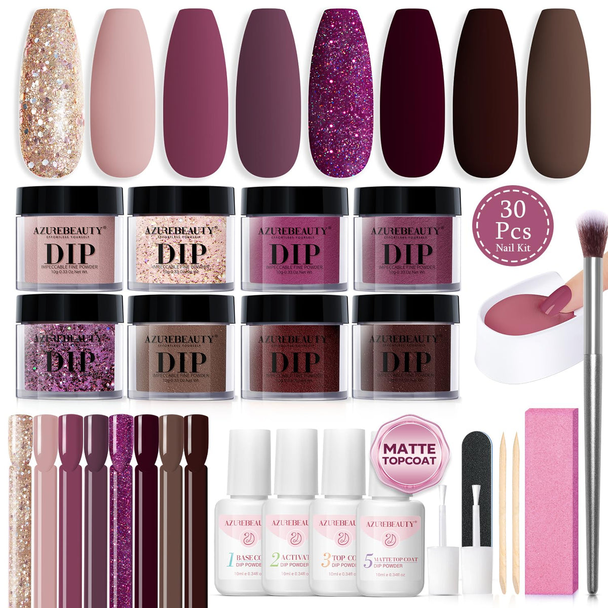 AZUREBEAUTY Dip Powder Kit contents laid out for testing colors at home.