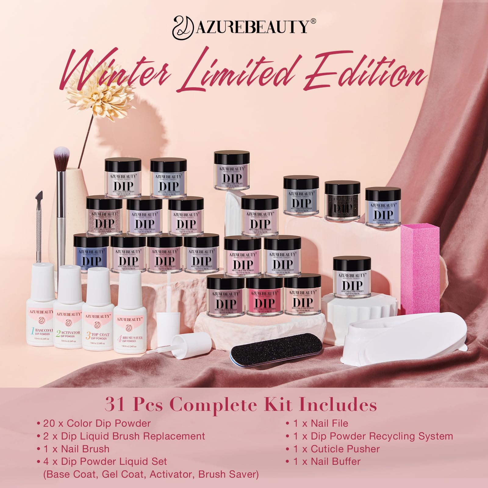 AZUREBEAUTY glossy dip powder finish closeup showing rich color and salon-like shine